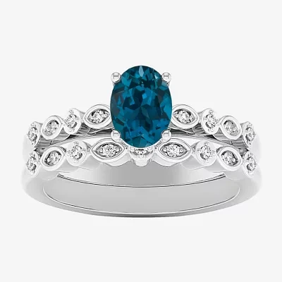 Modern Bride Gemstone Womens 1/8 CT. T.W. Genuine Blue Topaz 10K White Gold Oval Side Stone Bridal Set