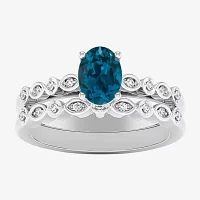 Modern Bride Gemstone Womens 1/8 CT. T.W. Genuine Blue Topaz 10K White Gold Oval Side Stone Bridal Set