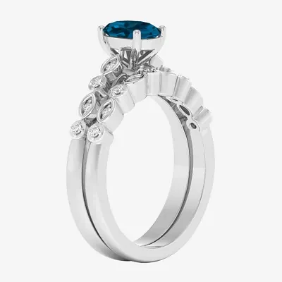 Modern Bride Gemstone Womens 1/8 CT. T.W. Genuine Blue Topaz 10K White Gold Oval Side Stone Bridal Set