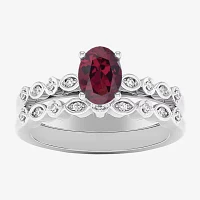 Modern Bride Gemstone Womens 1/8 CT. T.W. Genuine Red Garnet 10K White Gold Oval Side Stone Bridal Set