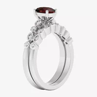 Modern Bride Gemstone Womens 1/8 CT. T.W. Genuine Red Garnet 10K White Gold Oval Side Stone Bridal Set