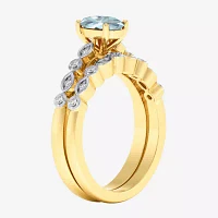 Modern Bride Gemstone Womens 1/8 CT. T.W. Genuine Blue Aquamarine 10K Gold Oval Side Stone Bridal Set