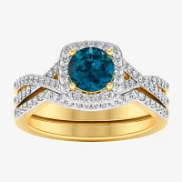 Modern Bride Gemstone Womens 1/2 CT. T.W. Genuine Blue Topaz 10K Gold Cushion Side Stone Crossover Engagement Ring