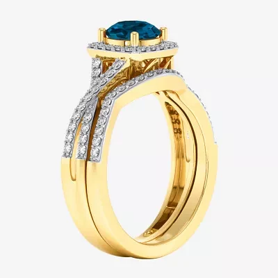 Modern Bride Gemstone Womens 1/2 CT. T.W. Genuine Blue Topaz 10K Gold Cushion Side Stone Crossover Engagement Ring