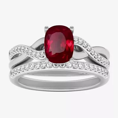 Modern Bride Gemstone Womens 1/3 CT. T.W. Lead Glass-Filled Red Ruby 10K Gold Cushion Side Stone Crossover Bridal Set