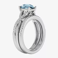 Modern Bride Gemstone Womens 1/3 CT. T.W. Genuine Blue Aquamarine 10K Gold Cushion Side Stone Crossover Bridal Set