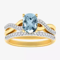 Modern Bride Gemstone Womens 1/3 CT. T.W. Genuine Blue Aquamarine 10K Gold Cushion Side Stone Crossover Bridal Set