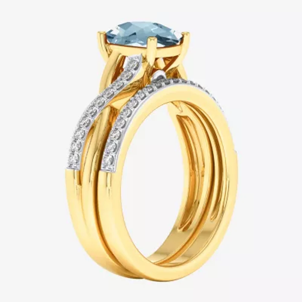 Modern Bride Gemstone Womens 1/3 CT. T.W. Genuine Blue Aquamarine 10K Gold Cushion Side Stone Crossover Bridal Set