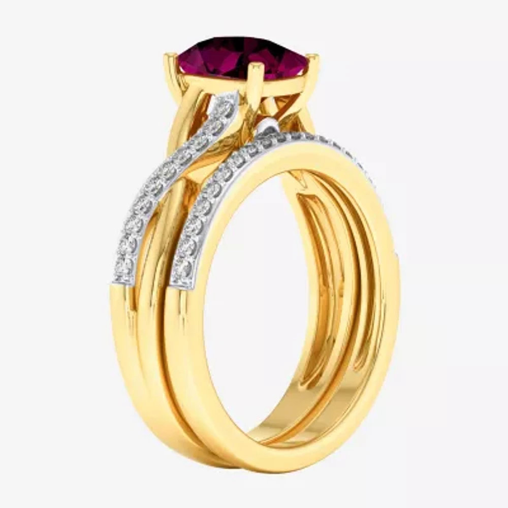 Modern Bride Gemstone Womens 1/3 CT. T.W. Genuine Red Garnet 10K Gold Cushion Side Stone Crossover Bridal Set