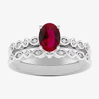 Modern Bride Gemstone Womens 1/8 CT. T.W. Lead Glass-Filled Red Ruby 10K Gold Oval Side Stone Bridal Set