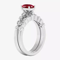 Modern Bride Gemstone Womens 1/8 CT. T.W. Lead Glass-Filled Red Ruby 10K Gold Oval Side Stone Bridal Set