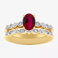 Modern Bride Gemstone Womens 1/8 CT. T.W. Lead Glass-Filled Red Ruby 10K Gold Oval Side Stone Bridal Set