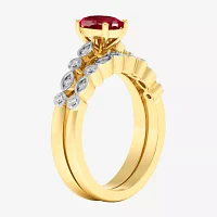 Modern Bride Gemstone Womens 1/8 CT. T.W. Lead Glass-Filled Red Ruby 10K Gold Oval Side Stone Bridal Set