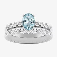 Modern Bride Gemstone Womens 1/8 CT. T.W. Genuine Blue Aquamarine 10K White Gold Oval Side Stone Bridal Set