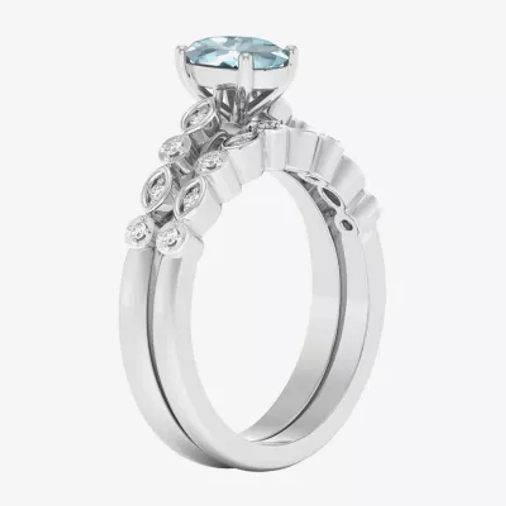 Modern Bride Gemstone Womens 1/8 CT. T.W. Genuine Blue Aquamarine 10K White Gold Oval Side Stone Bridal Set