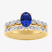 Modern Bride Gemstone Womens 1/8 CT. T.W. Genuine Blue Sapphire 10K Gold Oval Side Stone Bridal Set