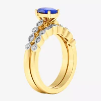 Modern Bride Gemstone Womens 1/8 CT. T.W. Genuine Blue Sapphire 10K Gold Oval Side Stone Bridal Set