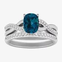 Modern Bride Gemstone Womens 1/3 CT. T.W. Genuine Blue Topaz 10K Gold Cushion Side Stone Crossover Bridal Set