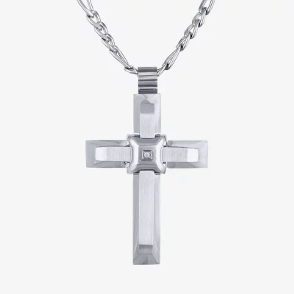 Mens White Cubic Zirconia Stainless Steel Cross Pendant Necklaces