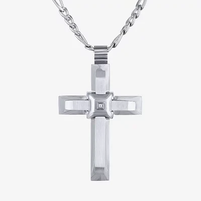 Mens White Cubic Zirconia Stainless Steel Cross Pendant Necklaces