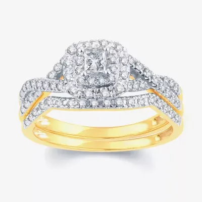 Womens 1/2 CT. T.W. Mined White Diamond 14K Gold Cushion Halo Crossover Bridal Set