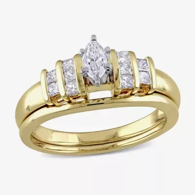 Womens 1/2 CT. T.W. Natural White Diamond 14K Gold Marquise Side Stone Bridal Set