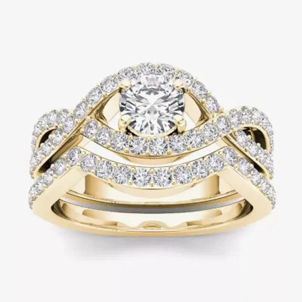 Womens 1 1/2 CT. T.W. Natural White Diamond 14K Gold Round Side Stone Crossover Bridal Set