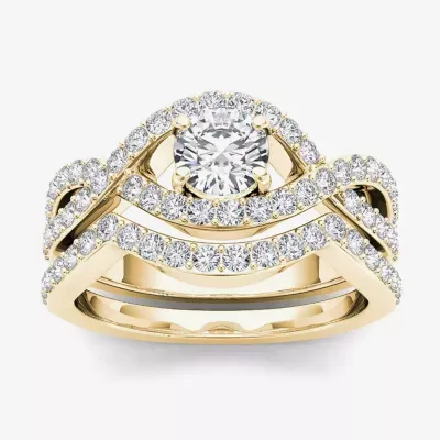 Womens 1 1/2 CT. T.W. Mined White Diamond 14K Gold Round Side Stone Crossover Bridal Set