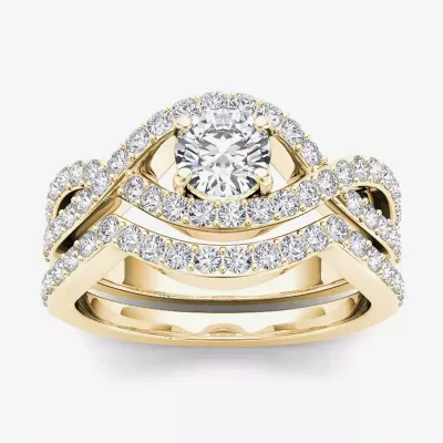 Womens 1 1/2 CT. T.W. Natural White Diamond 14K Gold Round Side Stone Crossover Bridal Set