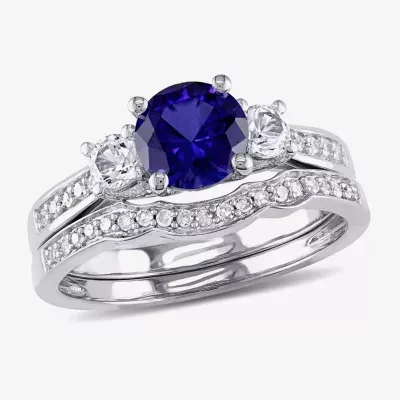 Modern Bride Gemstone Lab Created Blue Sapphire & 1/7 CT. T.W. Diamond 10K White Gold Bridal Set