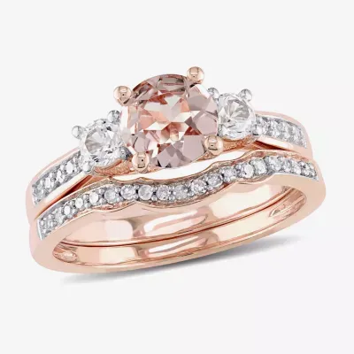 Genuine Morganite, Lab Created White Sapphire & 1/7 CT. T.W. Diamond 10K Rose Gold Bridal Set