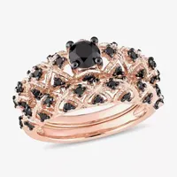 Midnight Black Womens 1 CT. T.W. Natural Diamond 18K Rose Gold Over Silver Round Bridal Set