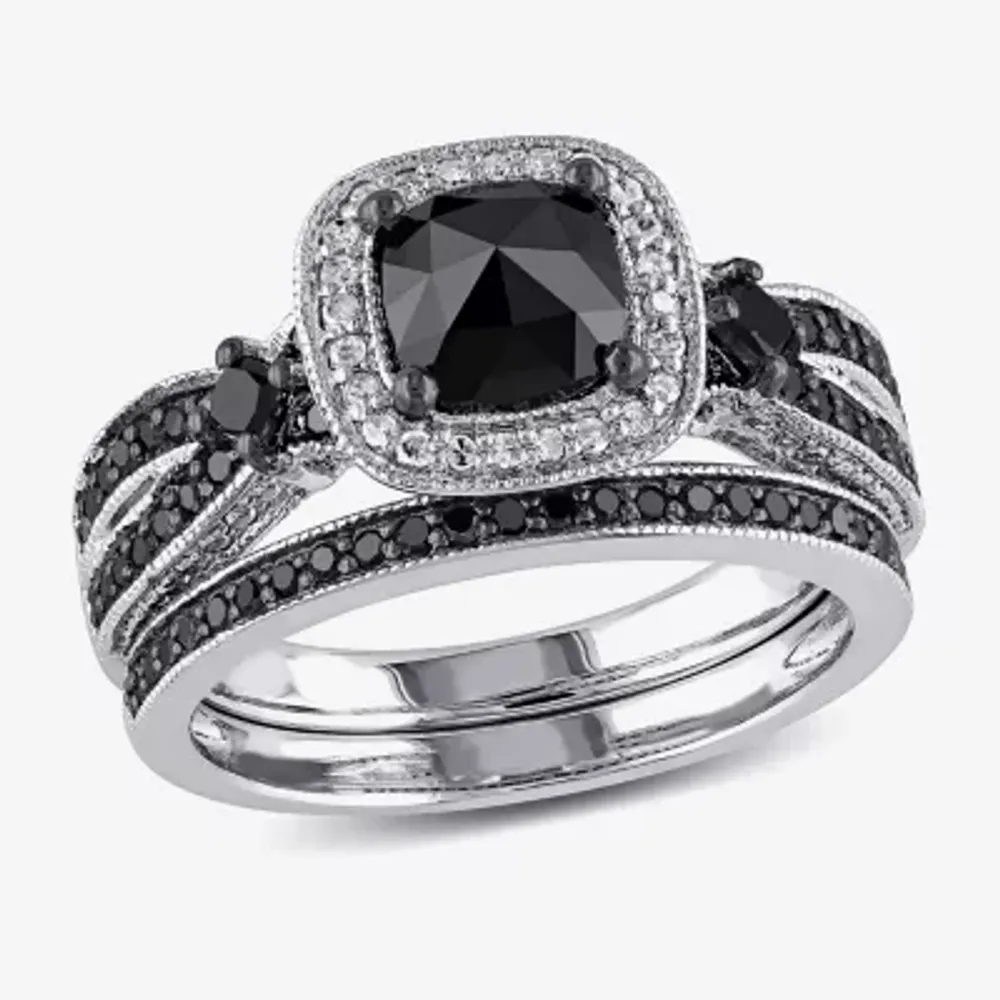 Womens 1 1/2 CT.T.W. Color Enhanced Black & White Diamond Sterling Silver Bridal Set