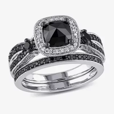 Womens 1 1/2 CT.T.W. Color Enhanced Black & White  Diamond Sterling Silver Bridal Set