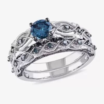 Womens 1 CT. T.W. Natural Blue Diamond 10K Gold Round Bridal Set