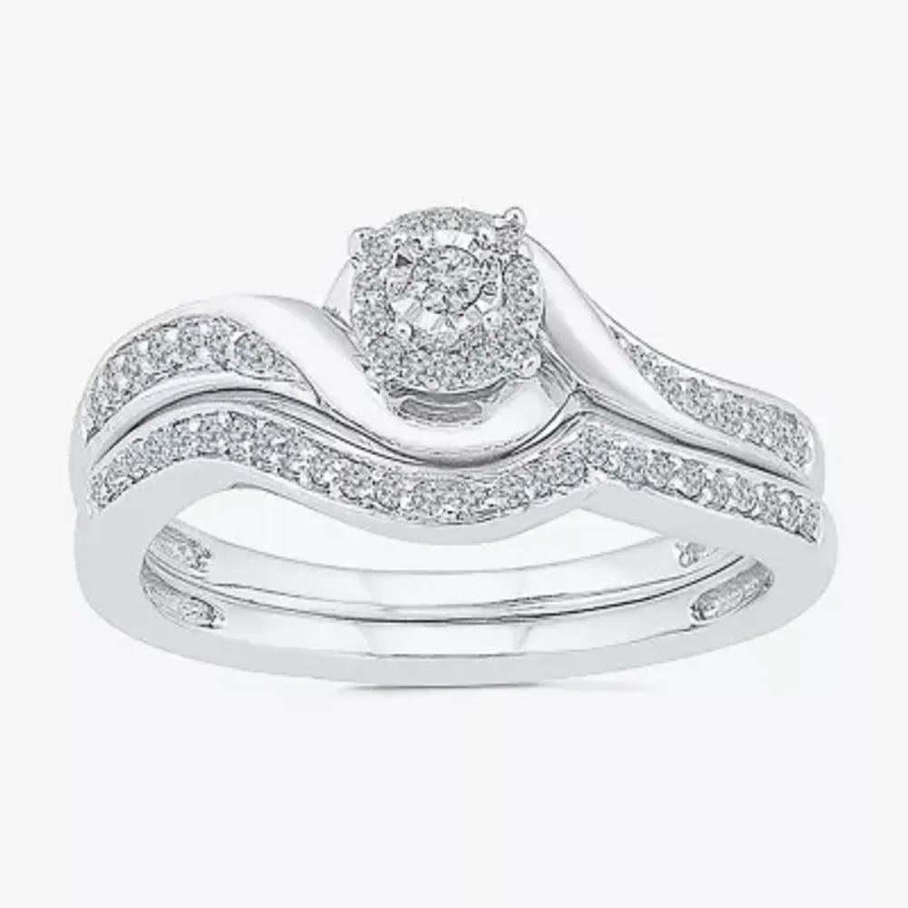 Womens 1/5 CT. Natural White Diamond Sterling Silver Round Side Stone Halo Bridal Set