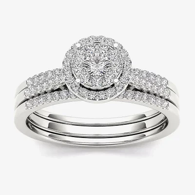 1/2 CT.T.W. Natural Diamond 10K White Gold Halo Bridal Ring Set