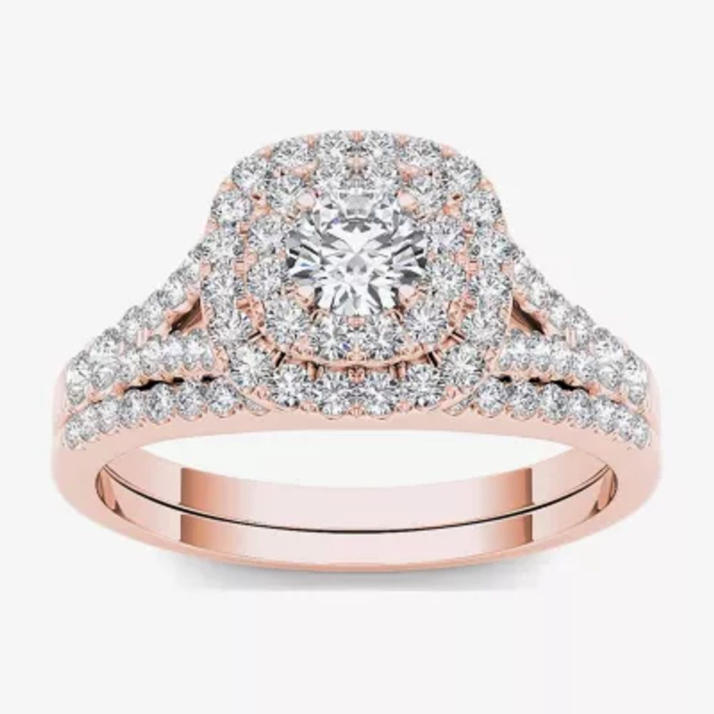 1 CT.T.W. Natural Diamond Halo 10K Rose Gold Engagement Ring Set