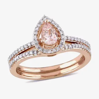 Modern Bride Gemstone Womens 3/4 CT. T.W. Genuine Pink Morganite 10K Gold Pear Side Stone Halo Bridal Set