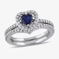 Modern Bride Gemstone Womens 1 CT. T.W. Genuine Blue Sapphire 10K Gold Heart Halo Bridal Set