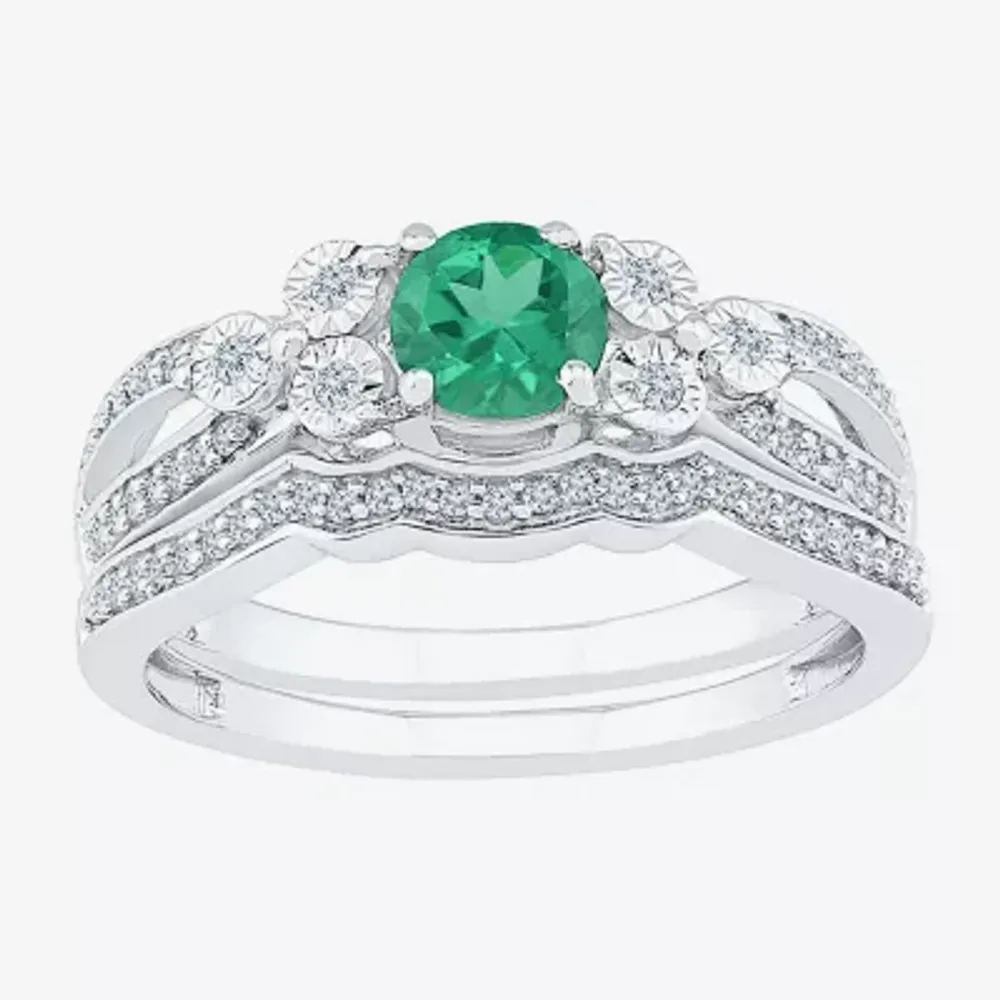 Modern Bride Gemstone Lab Created Emerald & 1/5 CT. T.W. Diamond Sterling Silver Bridal Set