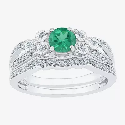 Modern Bride Gemstone Lab Created Emerald & 1/5 CT. T.W. Diamond Sterling Silver Bridal Set