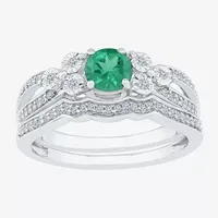 Modern Bride Gemstone Lab Created Emerald & 1/5 CT. T.W. Diamond Sterling Silver Bridal Set