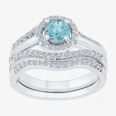 Modern Bride Gemstone Genuine Aquamarine & 1/2 CT. T.W Diamond Sterling Silver Bridal Set