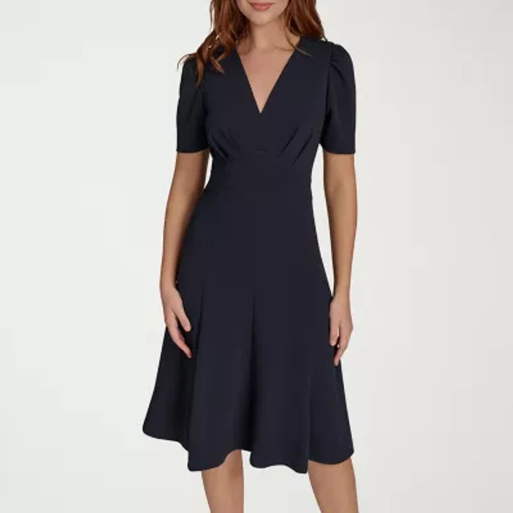 Marc New York Womens Short Sleeve Midi Fit + Flare Dress