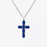 Womens Genuine Blue Sapphire 10K White Gold Cross Oval Pendant Necklace