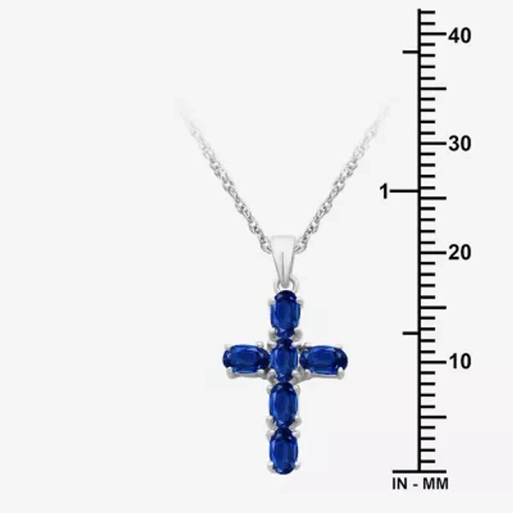 Womens Genuine Blue Sapphire 10K White Gold Cross Oval Pendant Necklace