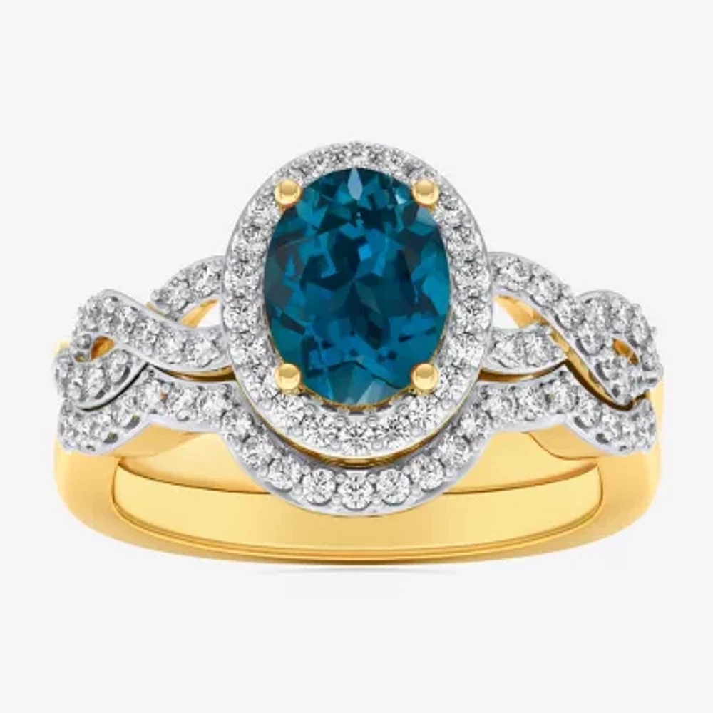 Modern Bride Gemstone Womens 1/2 CT. T.W. Genuine Blue Topaz 10K Gold Oval Side Stone Crossover Engagement Ring