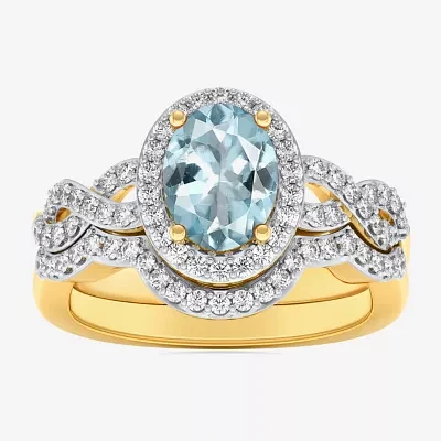 Modern Bride Gemstone Womens 1/2 CT. T.W. Genuine Blue Aquamarine 10K Gold Oval Side Stone Crossover Engagement Ring
