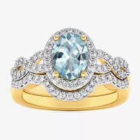 Modern Bride Gemstone Womens 1/2 CT. T.W. Genuine Blue Aquamarine 10K Gold Oval Side Stone Crossover Engagement Ring